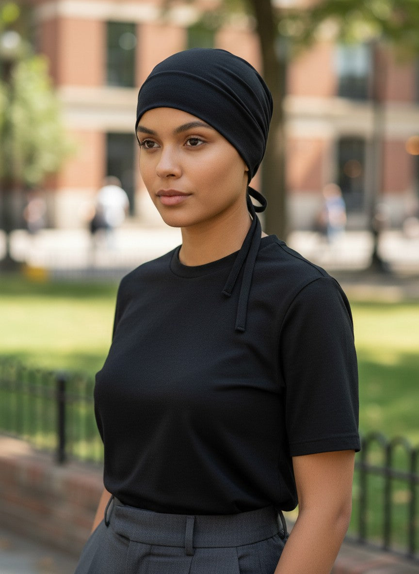 Woman wearing a black headscarf and black top outdoors. Puma, Monza Outlet, Monza Fashion, Shein Outlet