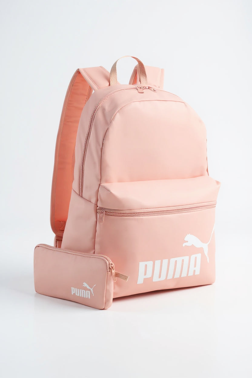 Pink Puma backpack and pouch on a light gray background. Puma, Monza Outlet, Monza Fashion, Shein Outlet