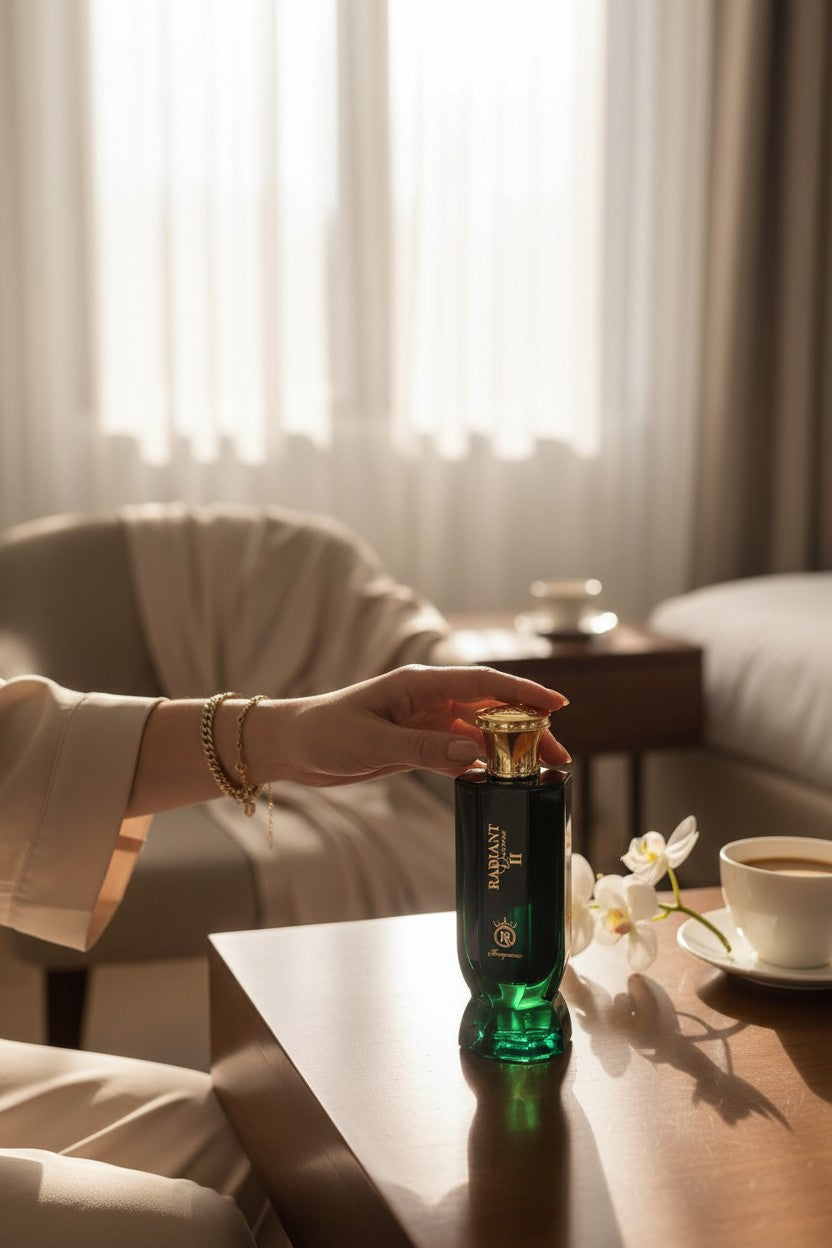 Person holding a green bottle with a gold cap on a table in a softly lit room. Radiant, Monza Outlet, Monza Fashion, Shein Outlet