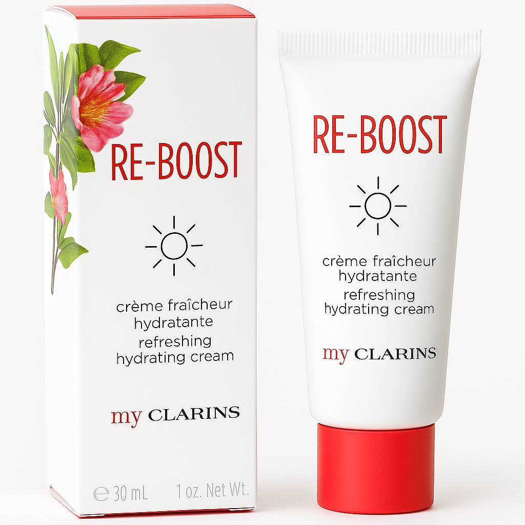 Clarins Re-Boost refreshing hydrating cream with packaging on a white background monza outlet, Shein outlet, monza fashion