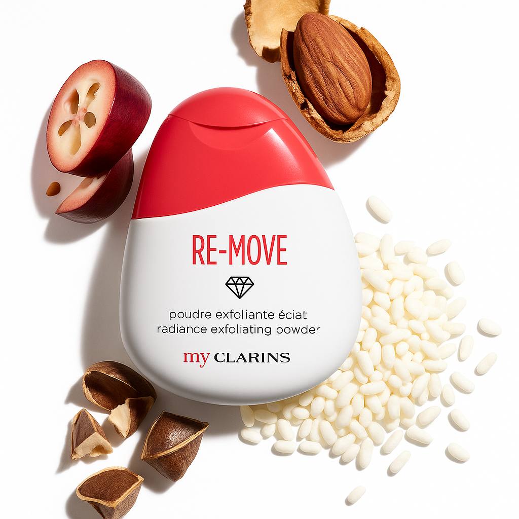 Clarins exfoliating powder with almonds and apple on a white background monza outlet, Shein outlet, monza fashion