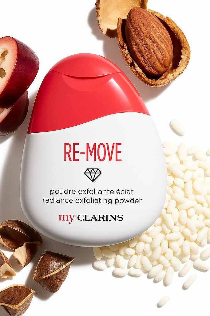 Clarins exfoliating powder with almonds and apple on a white background monza outlet, Shein outlet, monza fashion