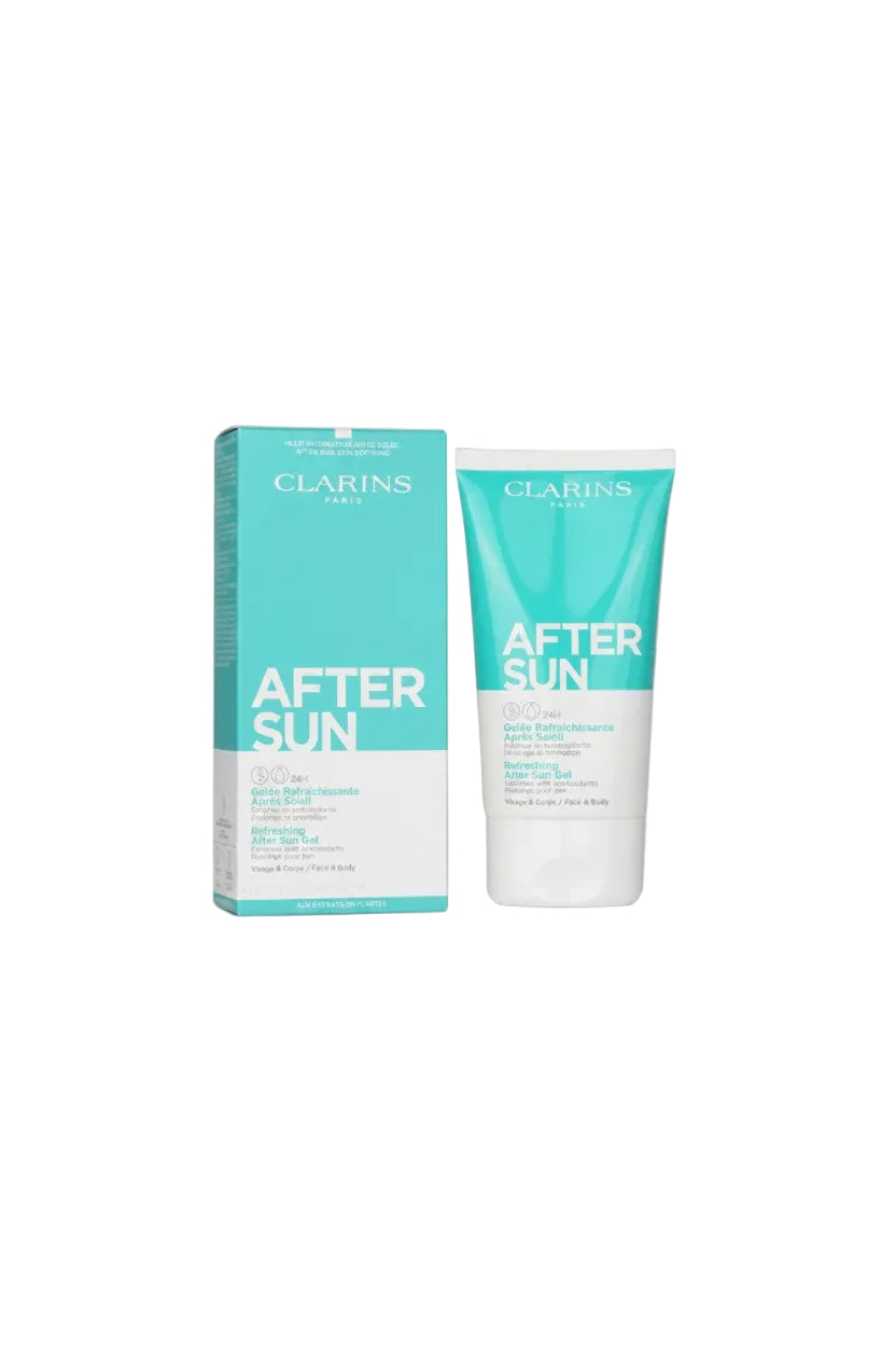 Clarins after sun product packaging on a white background. Clarins, Monza Outlet, Monza Fashion, Shein Outlet