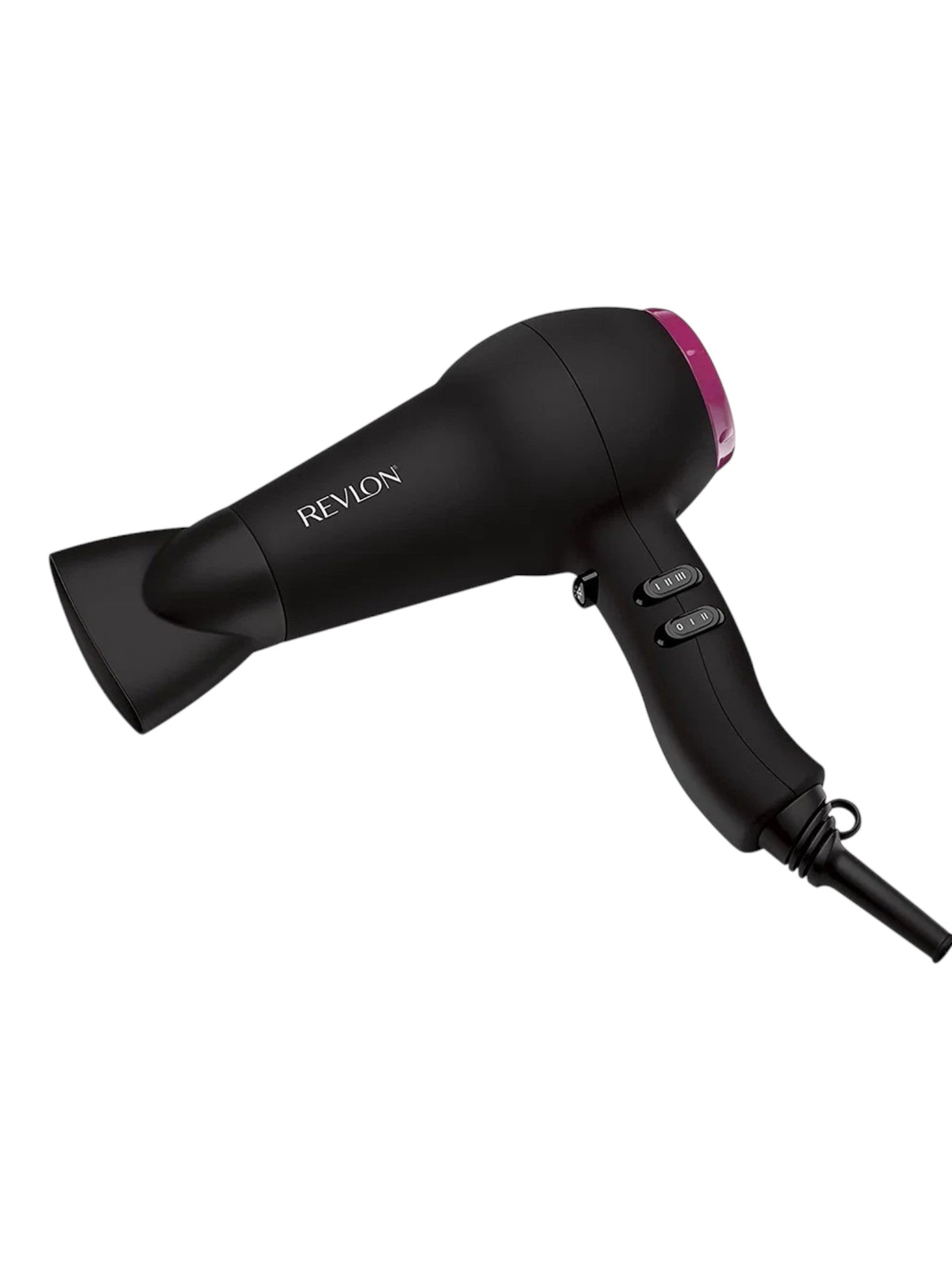 A Revlon hair dryer in matte black with a pink accent on the nozzle tip, shown with a concentrator nozzle attachment against a plain white background. Revlon, Monza Outlet, Monza Fashion, Shein Outlet
