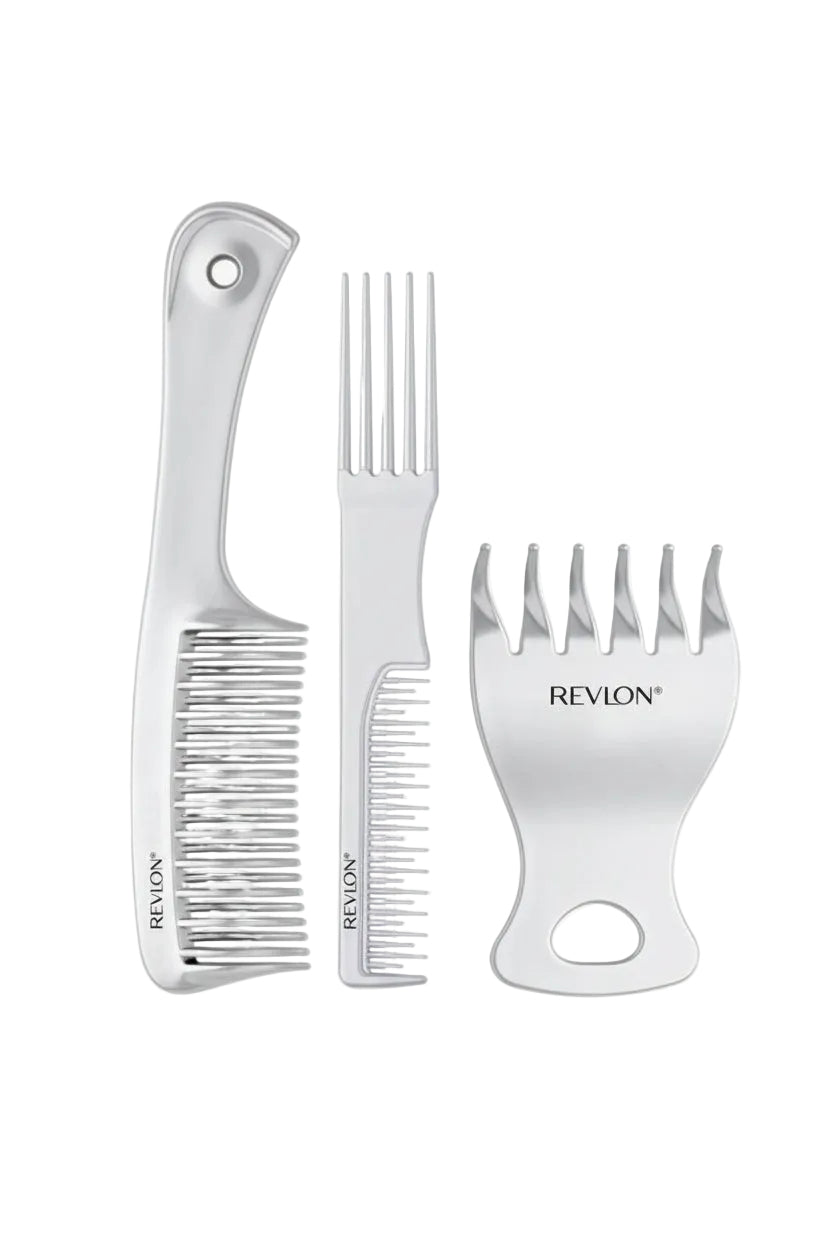 Set of Revlon hair styling tools including a comb and a wide-tooth comb on a white background. Revlon, Monza Outlet, Monza Fashion, Shein Outlet