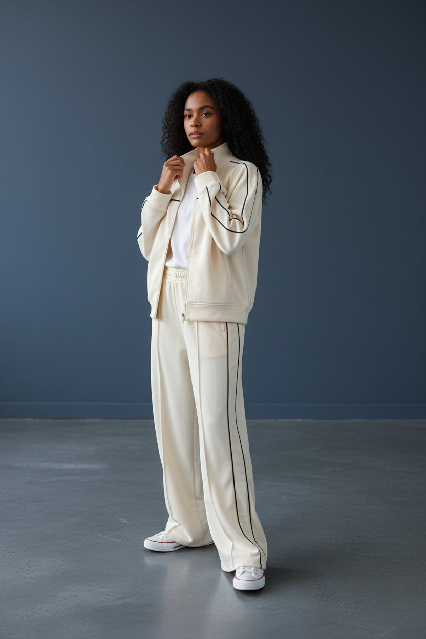 Woman in a cream-colored suit standing against a gray background. Roncato, Monza Outlet, Monza Fashion, Shein Outlet