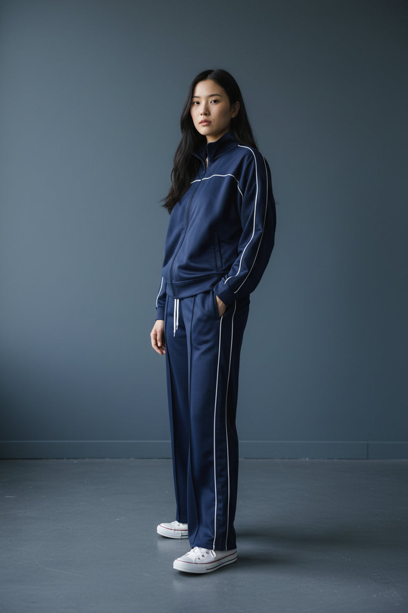 Person wearing a blue tracksuit against a gray background. Roncato, Monza Outlet, Monza Fashion, Shein Outlet