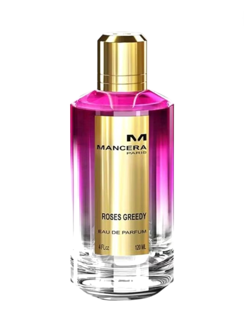 Perfume bottle labeled Mancera Roses Greedy with gold cap and pink liquid on a white background Monza Outlet