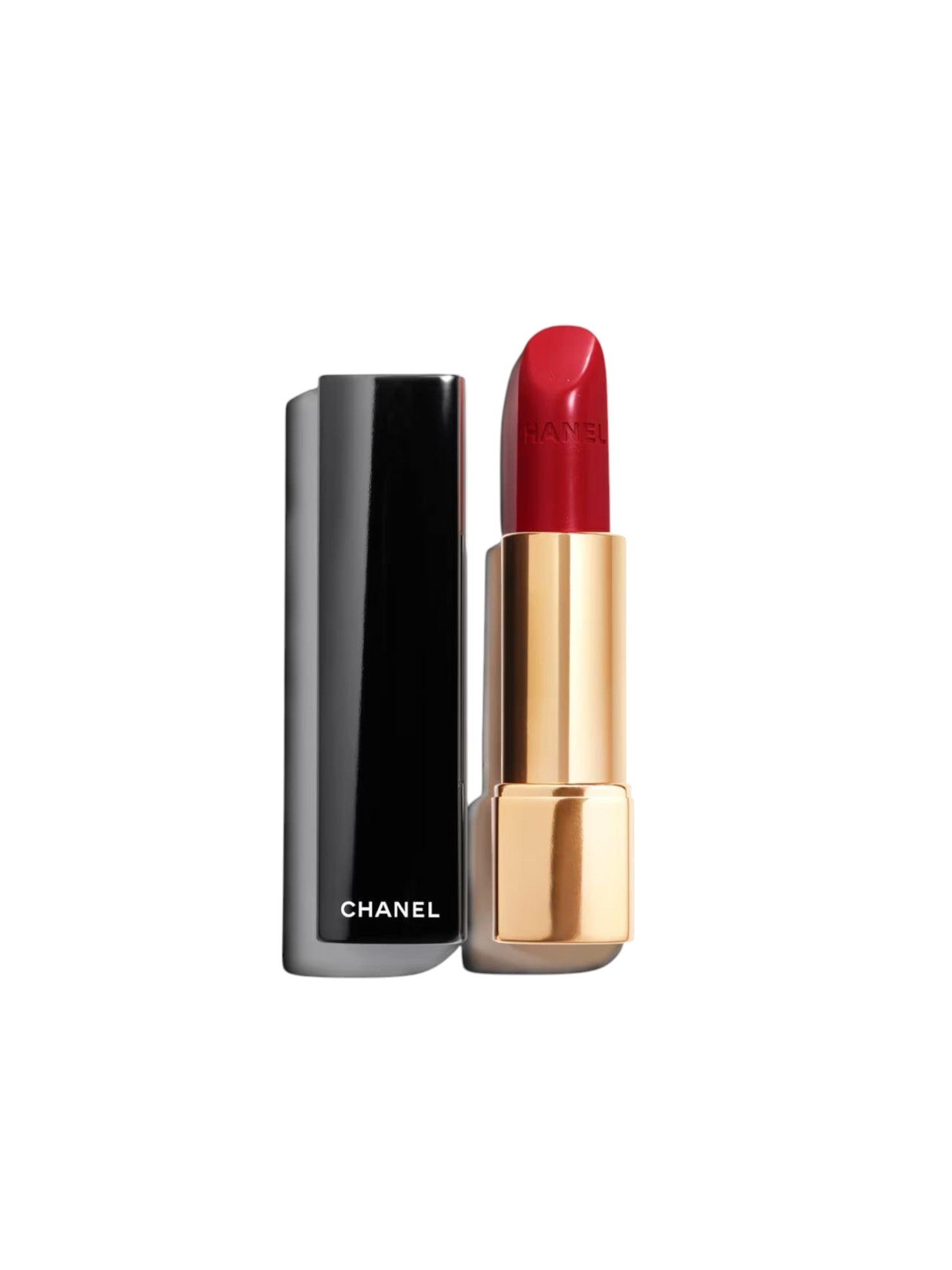 Chanel red lipstick with gold casing on a white background. Monza Outlet
