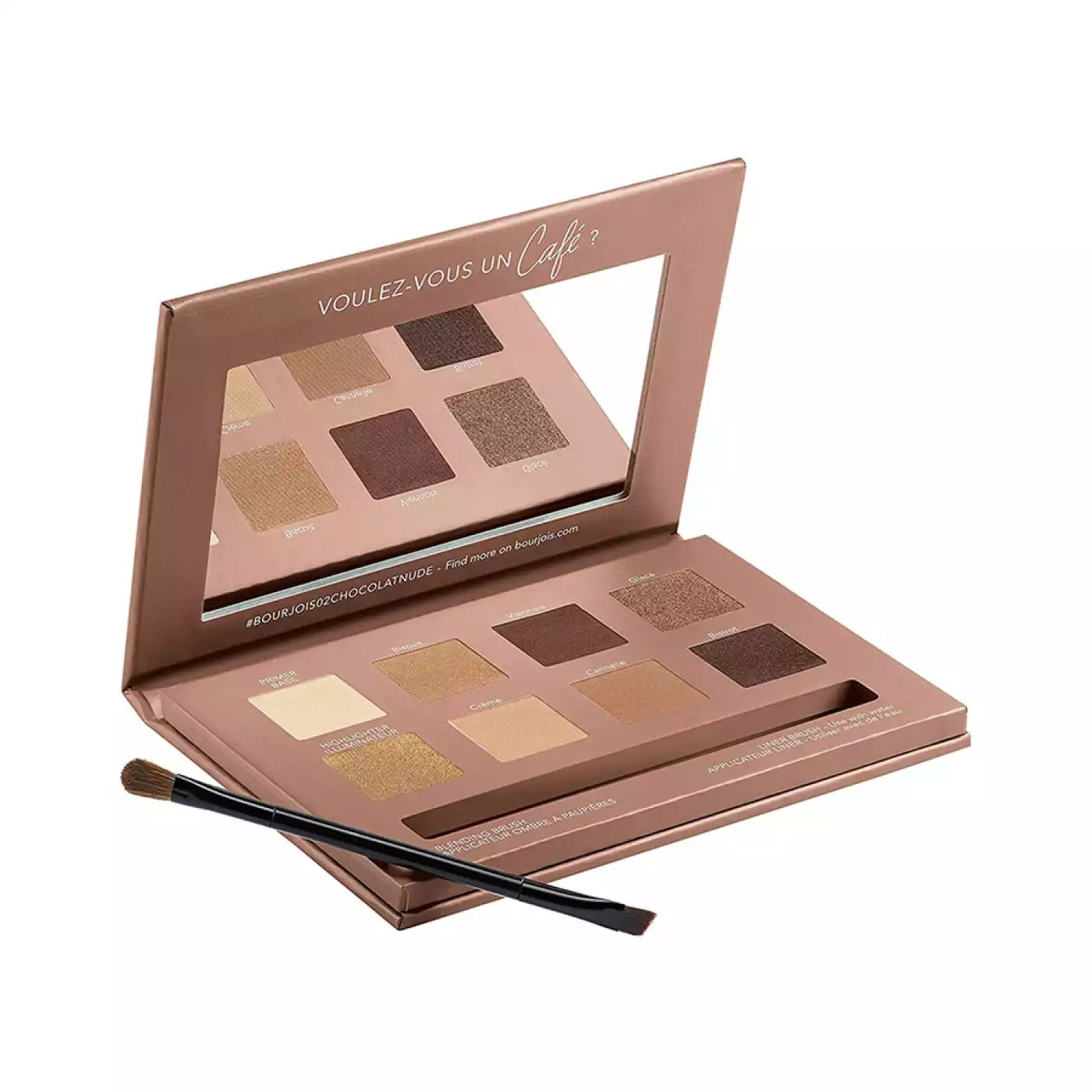 Makeup palette with eyeshadows and a brush on a white background Monza outlet, monza fashion, shein outlet, shien outlet