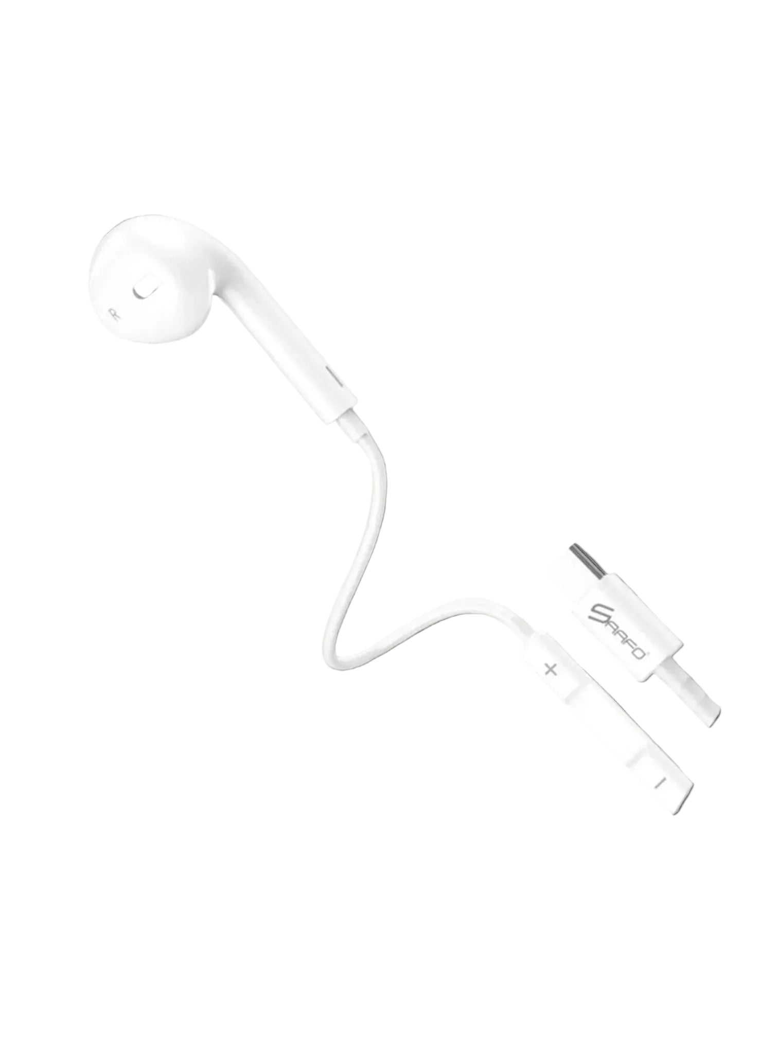 White earbud headphones with a cable on a white background. Saafo, Monza Outlet, Monza Fashion, Shein Outlet