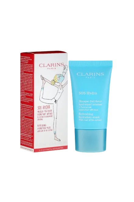 Clarins SOS Hydra skincare product and packaging on a white background. Clarins, Monza Outlet, Monza Fashion, Shein Outlet