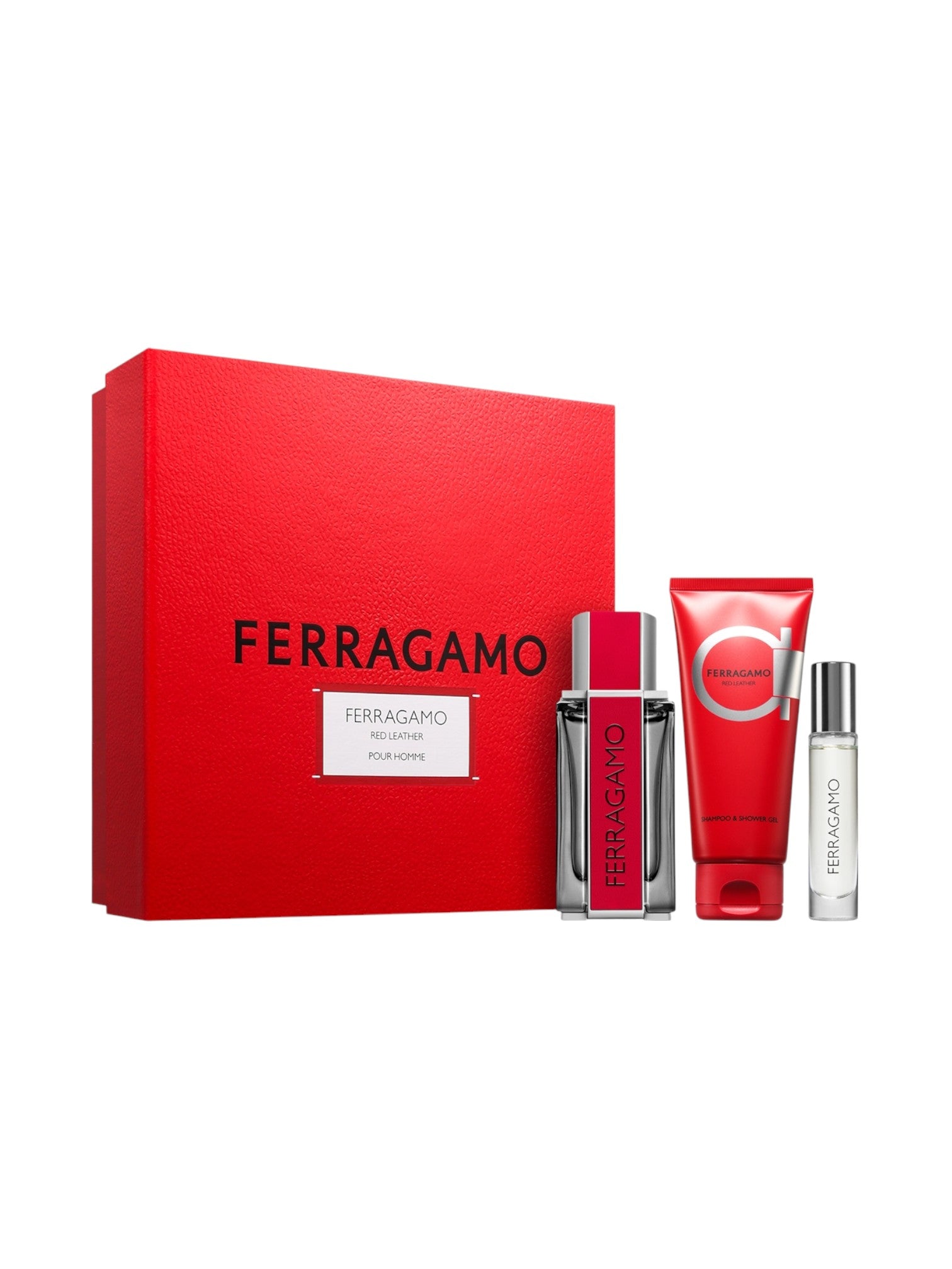 Ferragamo perfume set with red box, bottle, and other items on a white background. Ferragamo, Monza Outlet, Monza Fashion, Shein Outlet