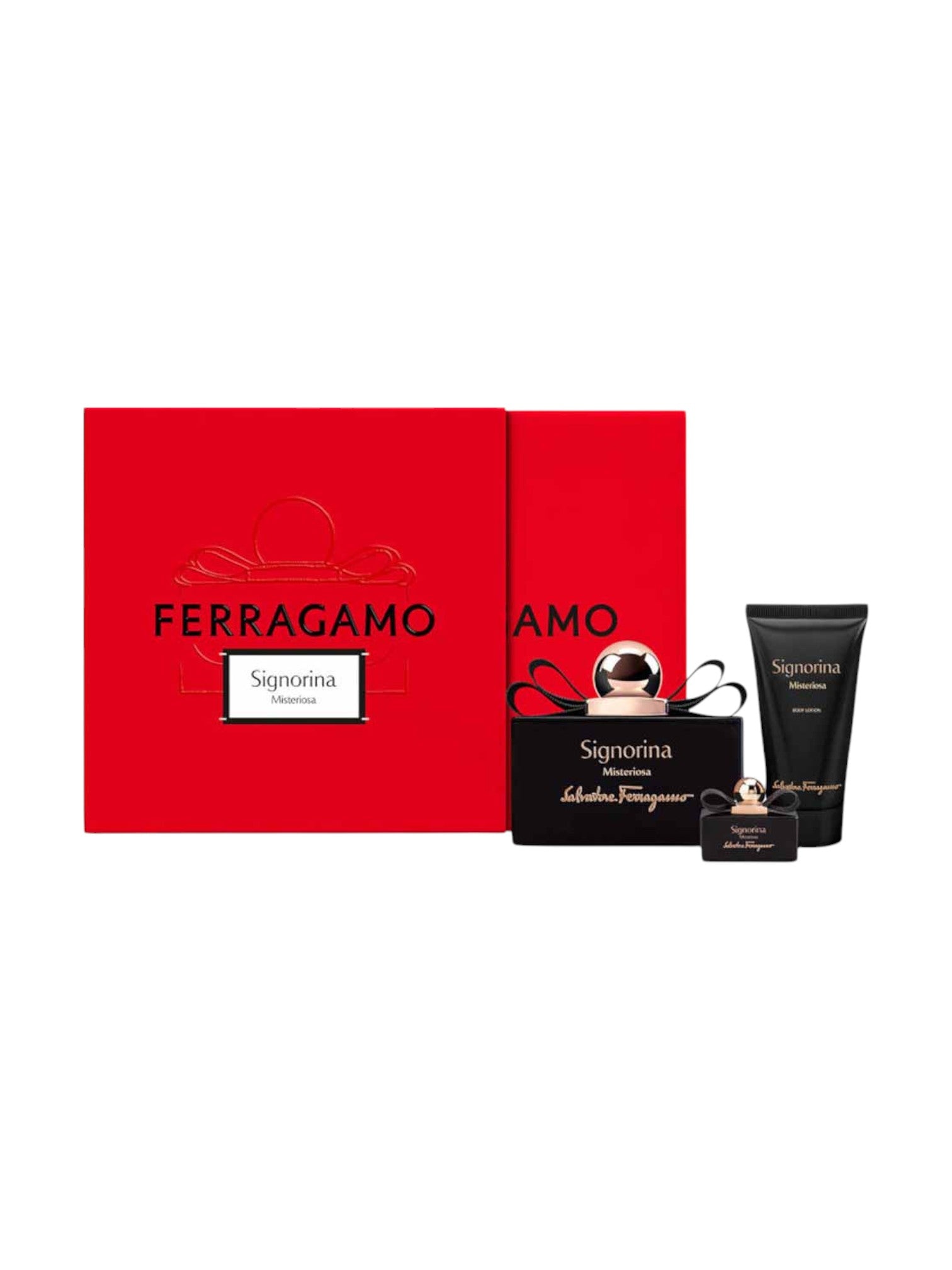 Ferragamo Signorina perfume set with a red box on a white background. Ferragamo, Monza Outlet, Monza Fashion, Shein Outlet