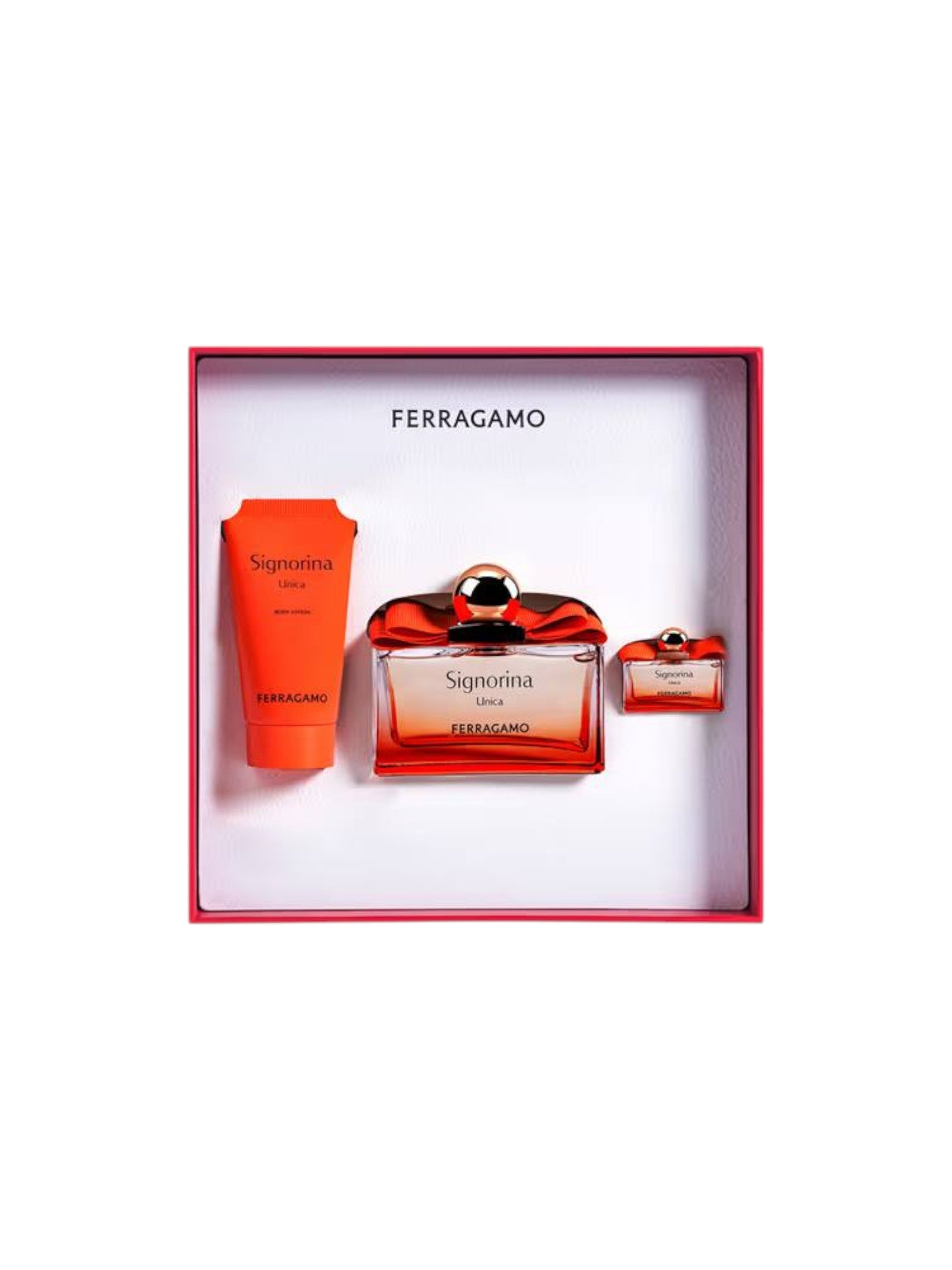 Ferragamo perfume set with a bottle, lotion, and small item in a box on a white background. Ferragamo, Monza Outlet, Monza Fashion, Shein Outlet