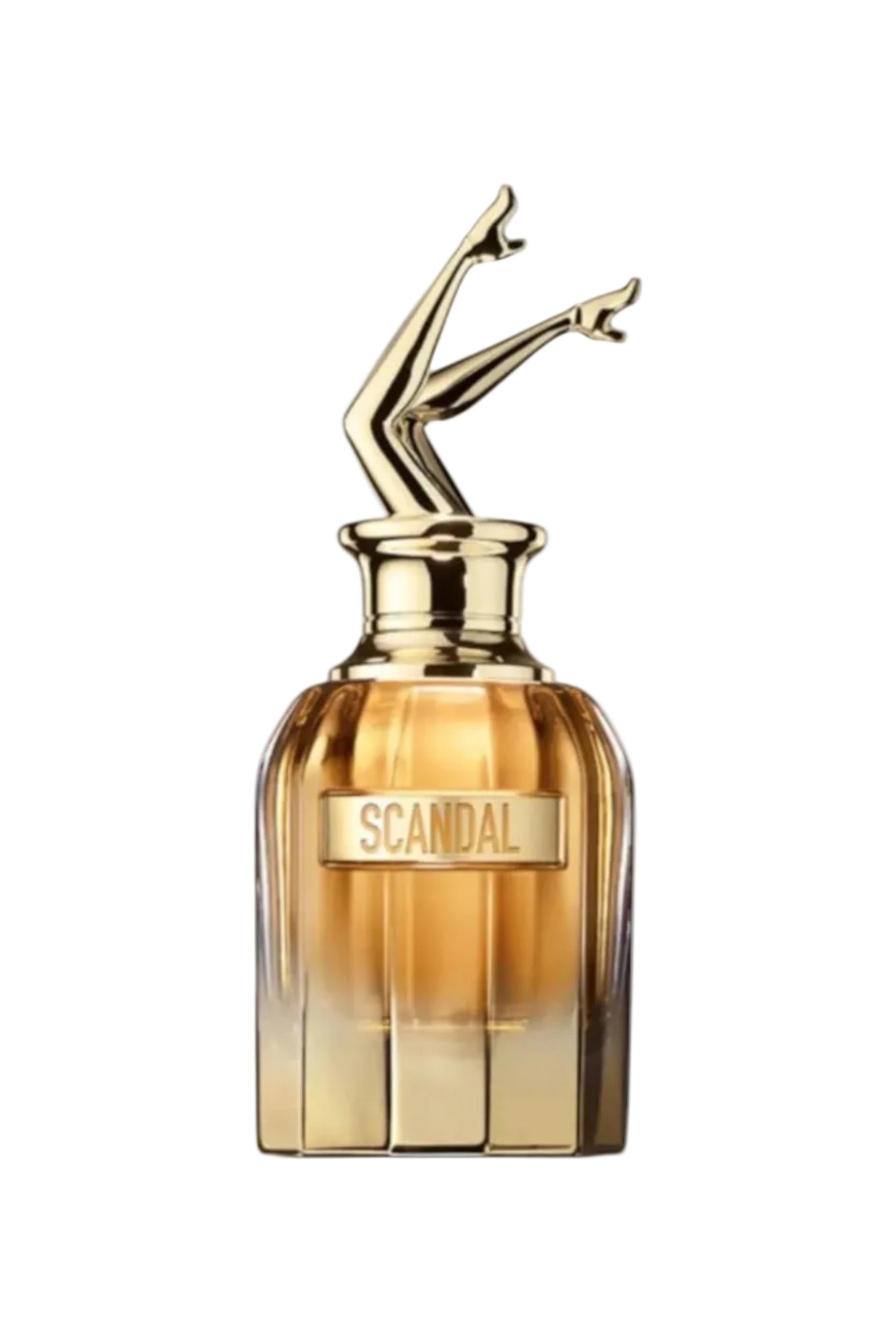 Perfume bottle with gold cap and 'Scandal' label on a white background monza outlet, Shein outlet, monza fashion