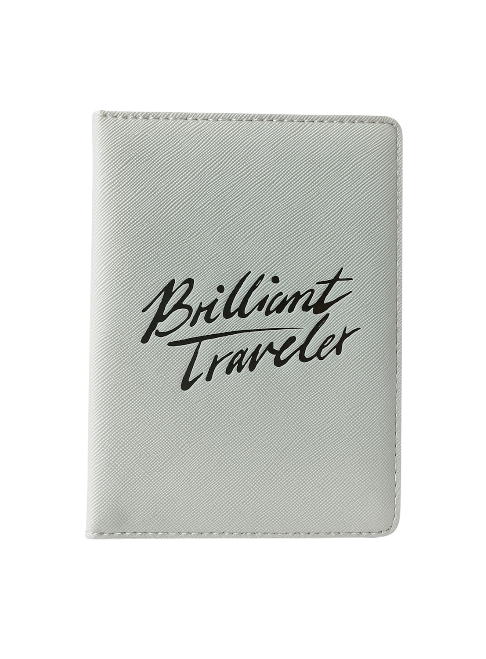 Gray passport holder with 'Brilliant Traveler' text on a white background