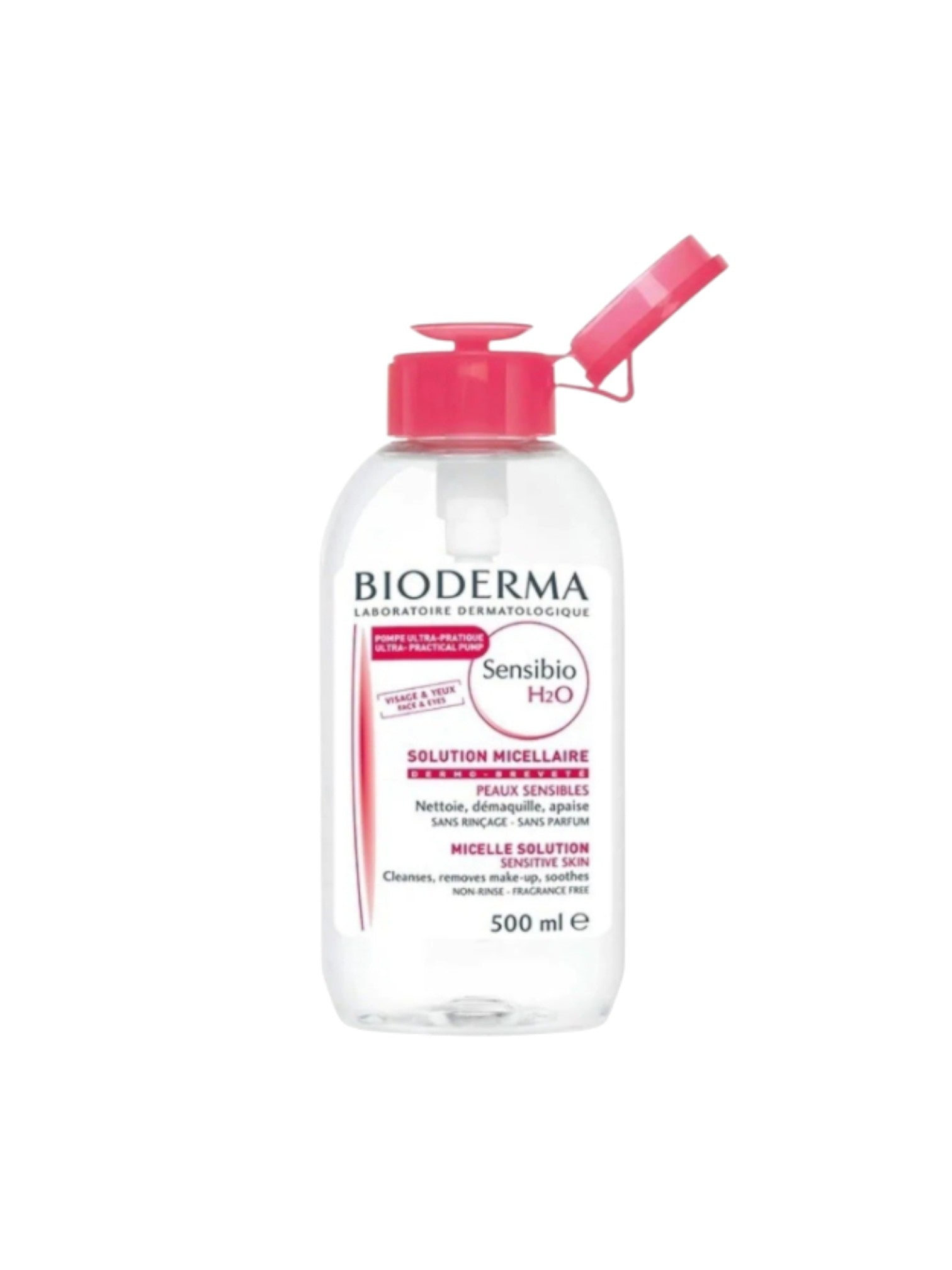 Bioderma micellar water bottle with pink cap on a white background. Bioderma, Monza Outlet, Monza Fashion, Shein Outlet