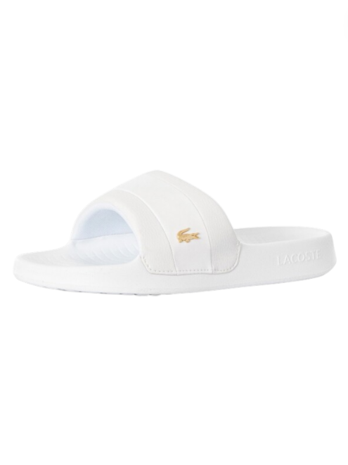 White slide sandal with a brand logo on a white background monza outlet, Shein outlet, monza fashion