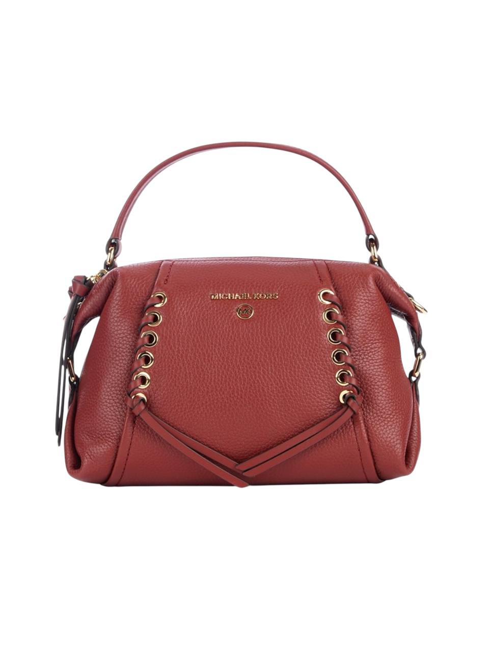 Red handbag with decorative elements on a white background, Michael Kors, Monza Outlet, Monza Fashion, Shein Outlet