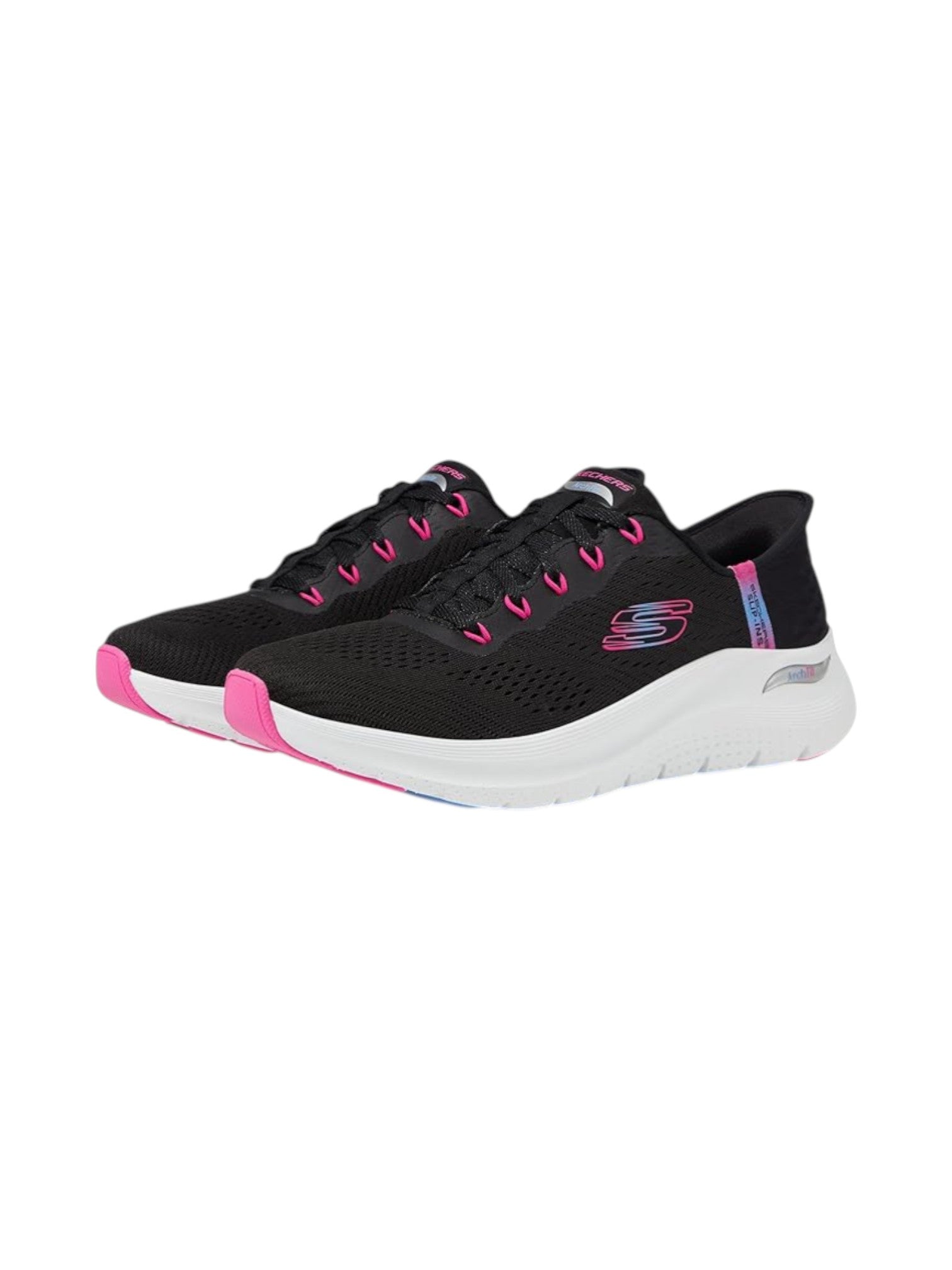Black and pink sneakers with white soles on a white background. Skechers, Monza Outlet, Monza Fashion, Shein Outlet
