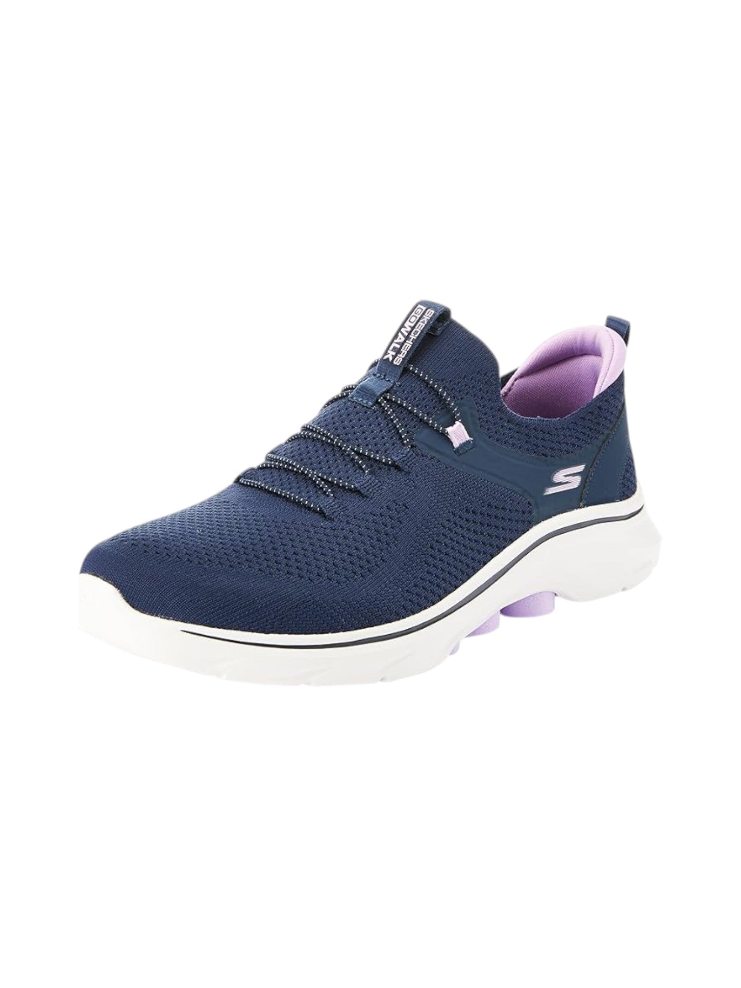 Navy running shoe with white sole on a white background. Skechers, Monza Outlet, Monza Fashion, Shein Outlet