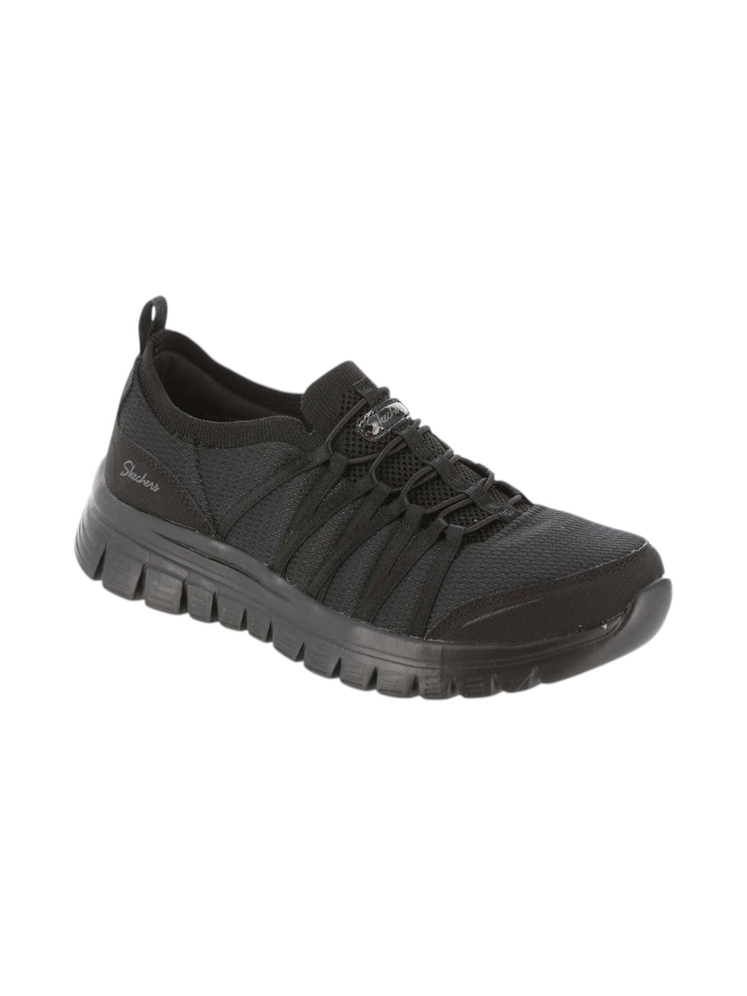 Black athletic shoe on a white background. Skechers, Monza Outlet, Monza Fashion, Shein Outlet