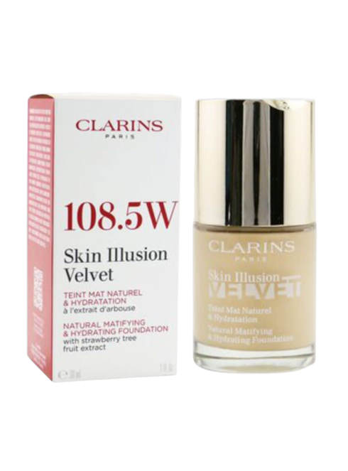 Clarins Skin Illusion Velvet foundation bottle and packaging on a white background monza outlet, Shein outlet, monza fashion