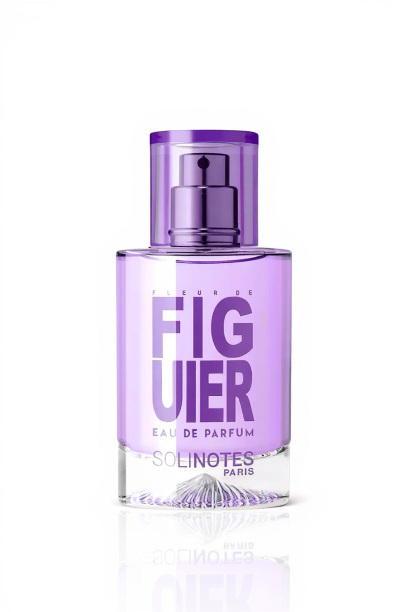 Purple perfume bottle with Figuier text on a white background. Solinotes, Monza Outlet, Monza Fashion, Shein Outlet