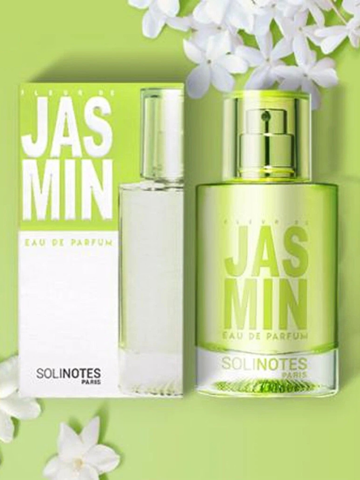 Solinotes Jasmin Eau de Parfum bottle and packaging on a green background with jasmine flowers. Solinotes, Monza Outlet, Monza Fashion, Shein Outlet