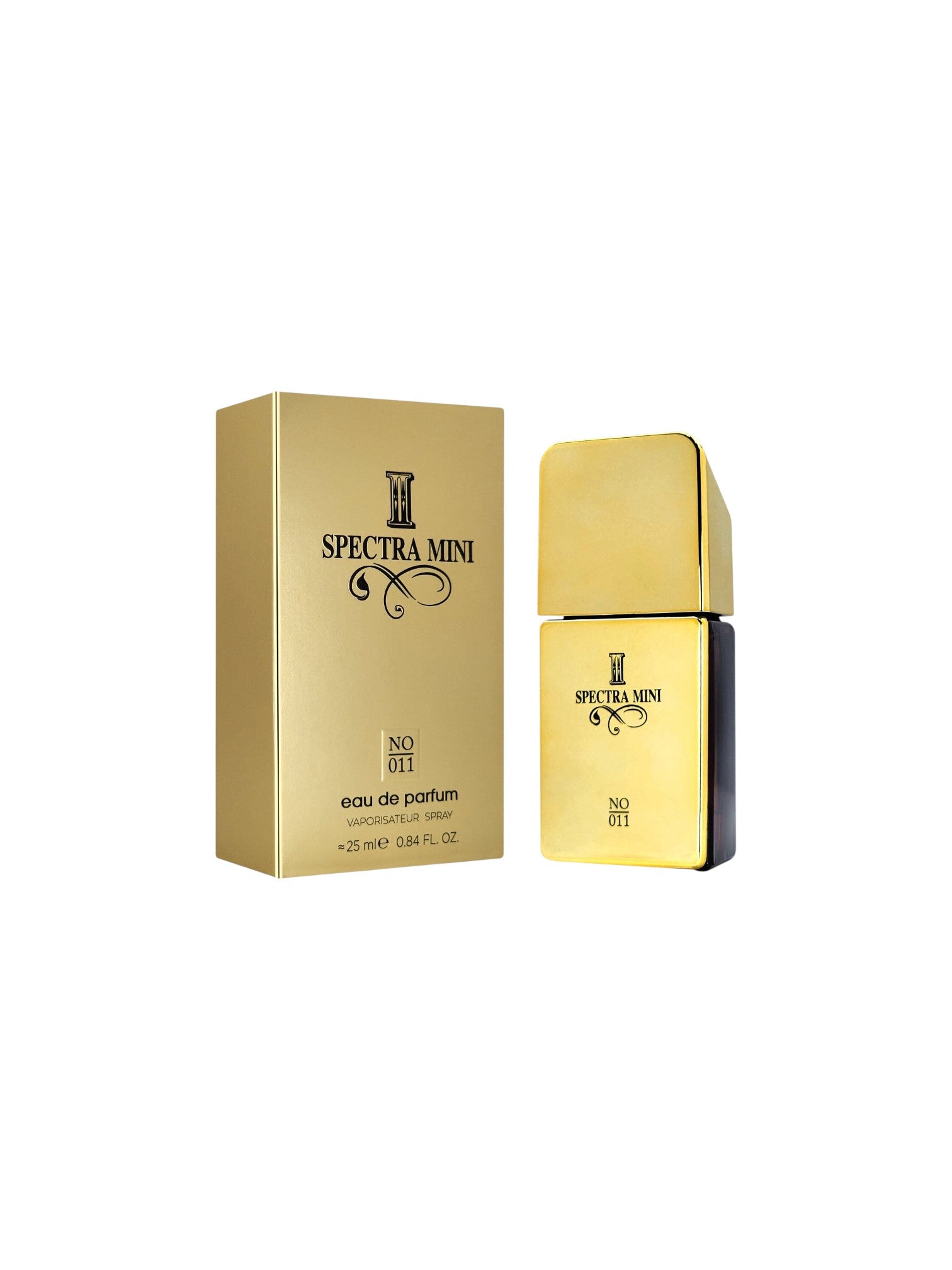 Gold Spectra Mini perfume bottle and packaging on a white background. Spectra Mini, Monza Outlet, Monza Fashion, Shein Outlet