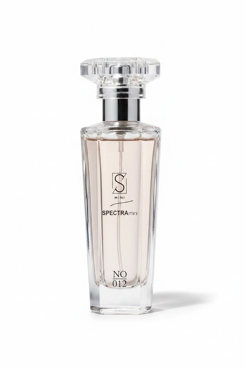 A clear glass perfume bottle with a silver cap and pale pink liquid, labeled S MINIS SPECTRA mini NO 012, on a white background. Spectra Mini, Monza Outlet, Monza Fashion, Shein Outlet
