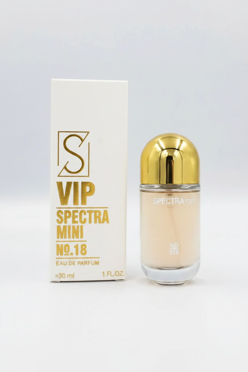 Spectra Mini No. 18 VIP Eau de Parfum bottle with a gold cap next to its white and gold packaging box, on a light gray background. Spectra Mini, Monza Outlet, Monza Fashion, Shein Outlet