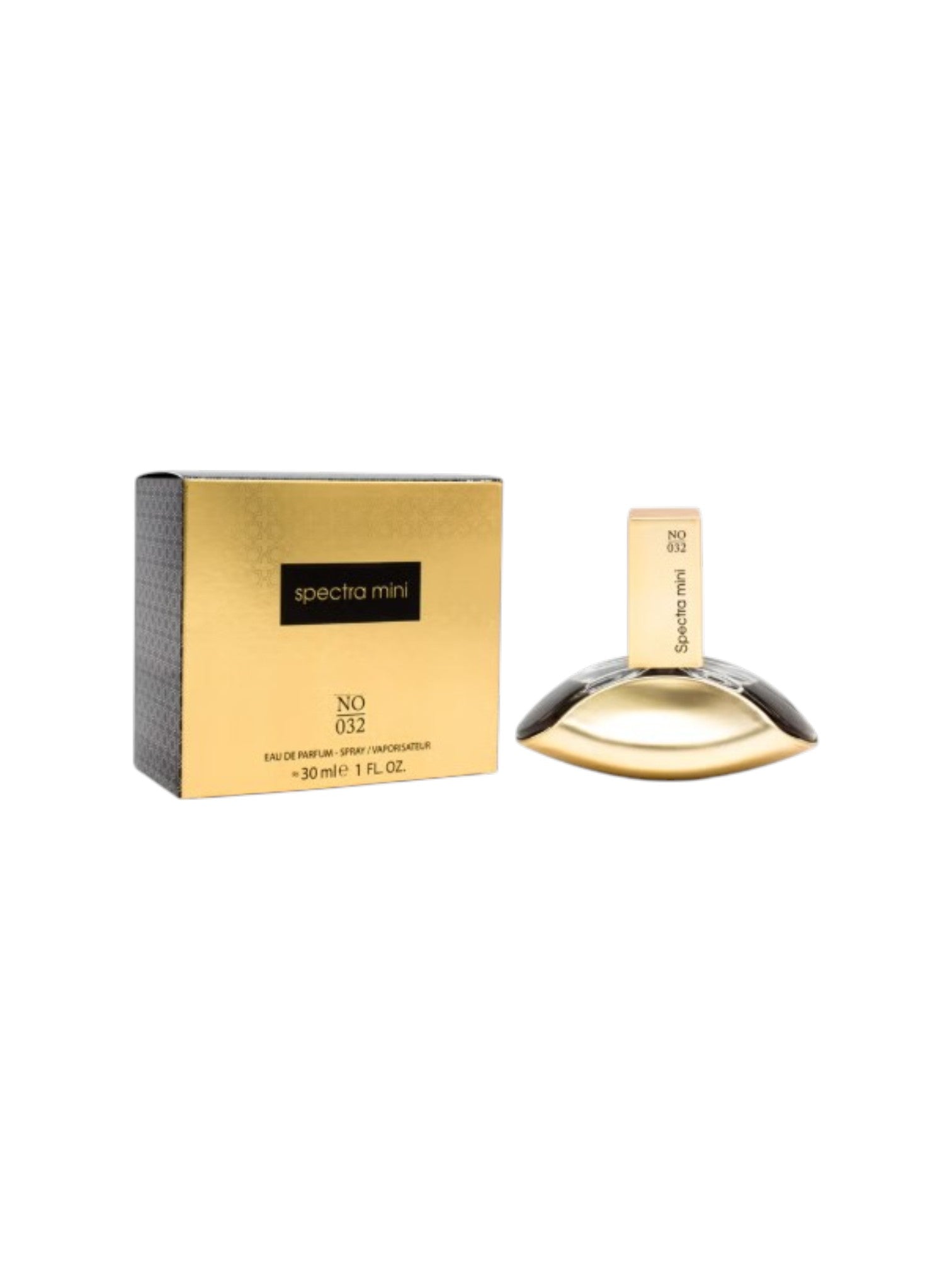 Gold perfume bottle and packaging on a white background. Spectra, Monza Outlet, Monza Fashion, Shein Outlet