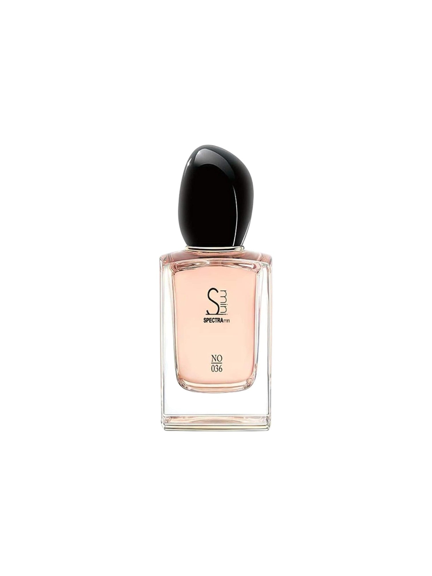 Perfume bottle with black cap on a white background. Spectra Mini, Monza Outlet, Monza Fashion, Shein Outlet