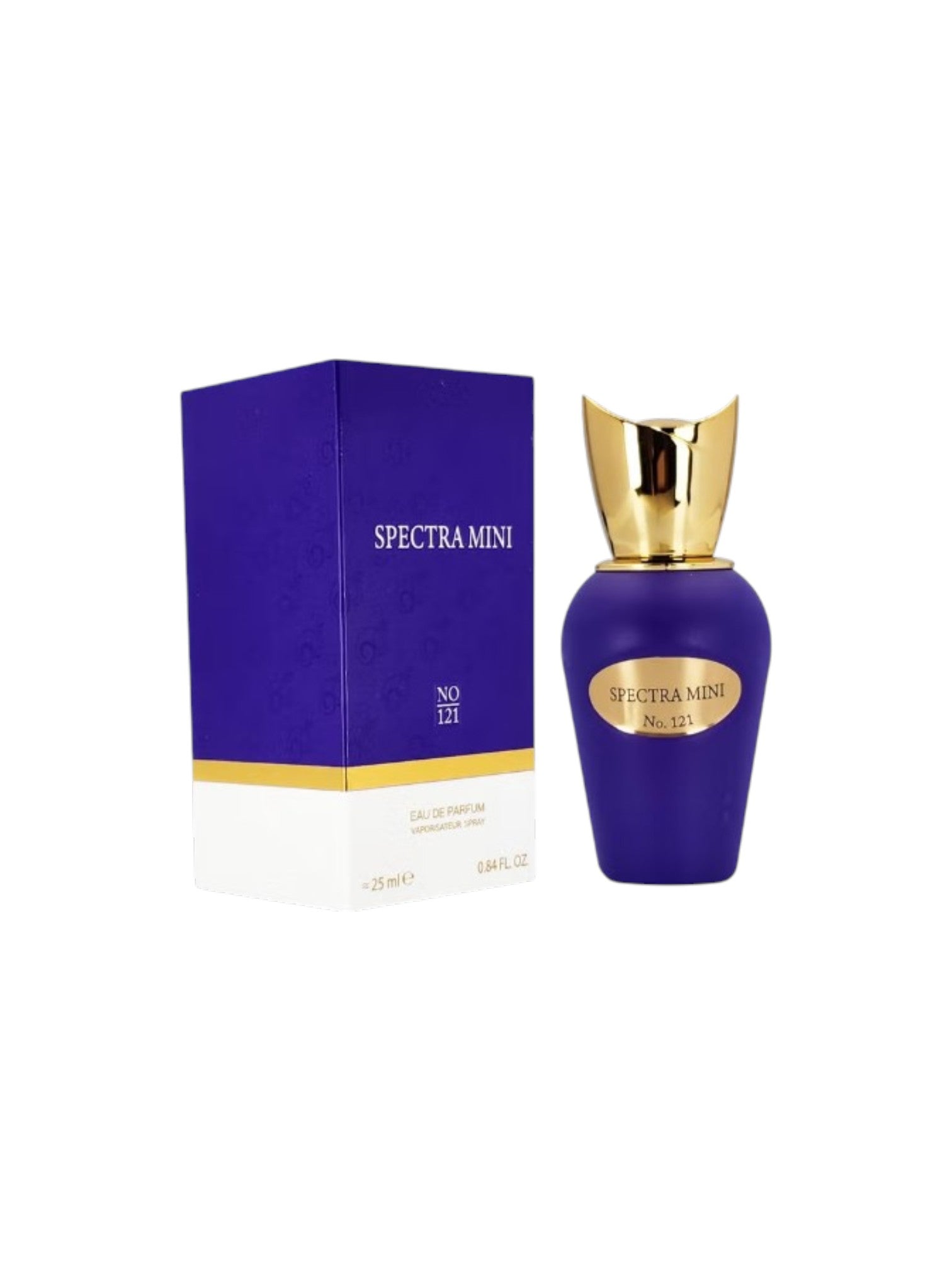 Purple perfume bottle with gold cap and packaging on a white background. Spectra Mini, Monza Outlet, Monza Fashion, Shein Outlet