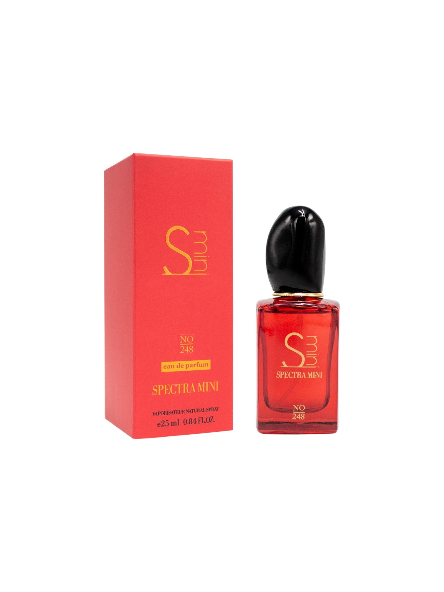 Red perfume bottle and packaging with Spectra Mini branding on a white background. Spectra Mini, Monza Outlet, Monza Fashion, Shein Outlet