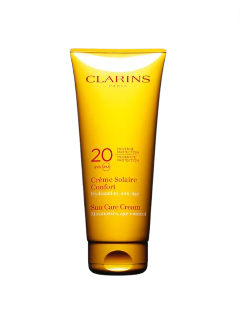 Clarins sun care cream bottle on a white background monza outlet, Shein outlet, monza fashion
