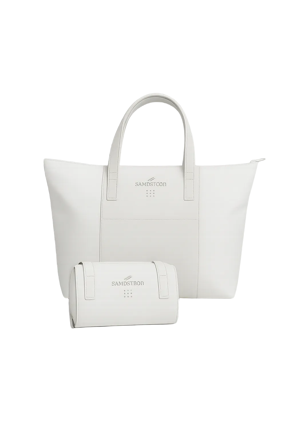 White tote bag and pouch with brand logo on a white background. Swarovski Monza Outlet