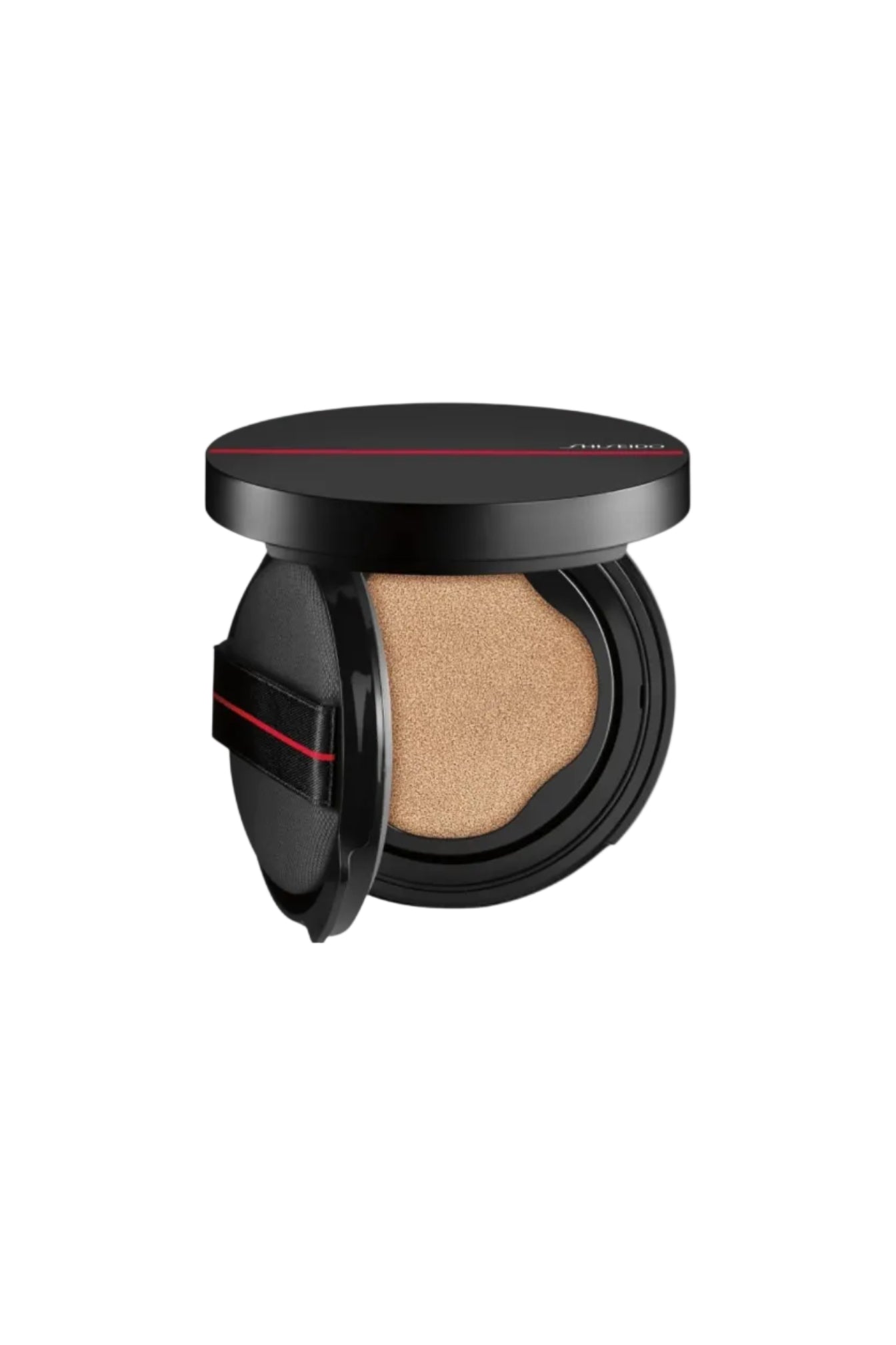 Makeup compact with open lid showing beige powder on a white background. Shiseido, Monza Outlet, Monza Fashion, Shein Outlet
