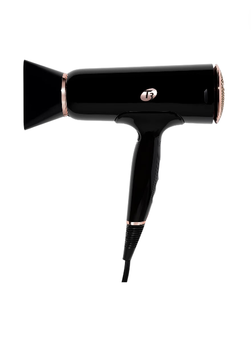 Black hair dryer with rose gold accents on a white background T3 Monza Outlet