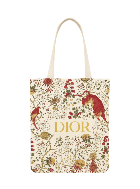 Dior tote bag with floral and animal pattern on a white background. Monza Outlet