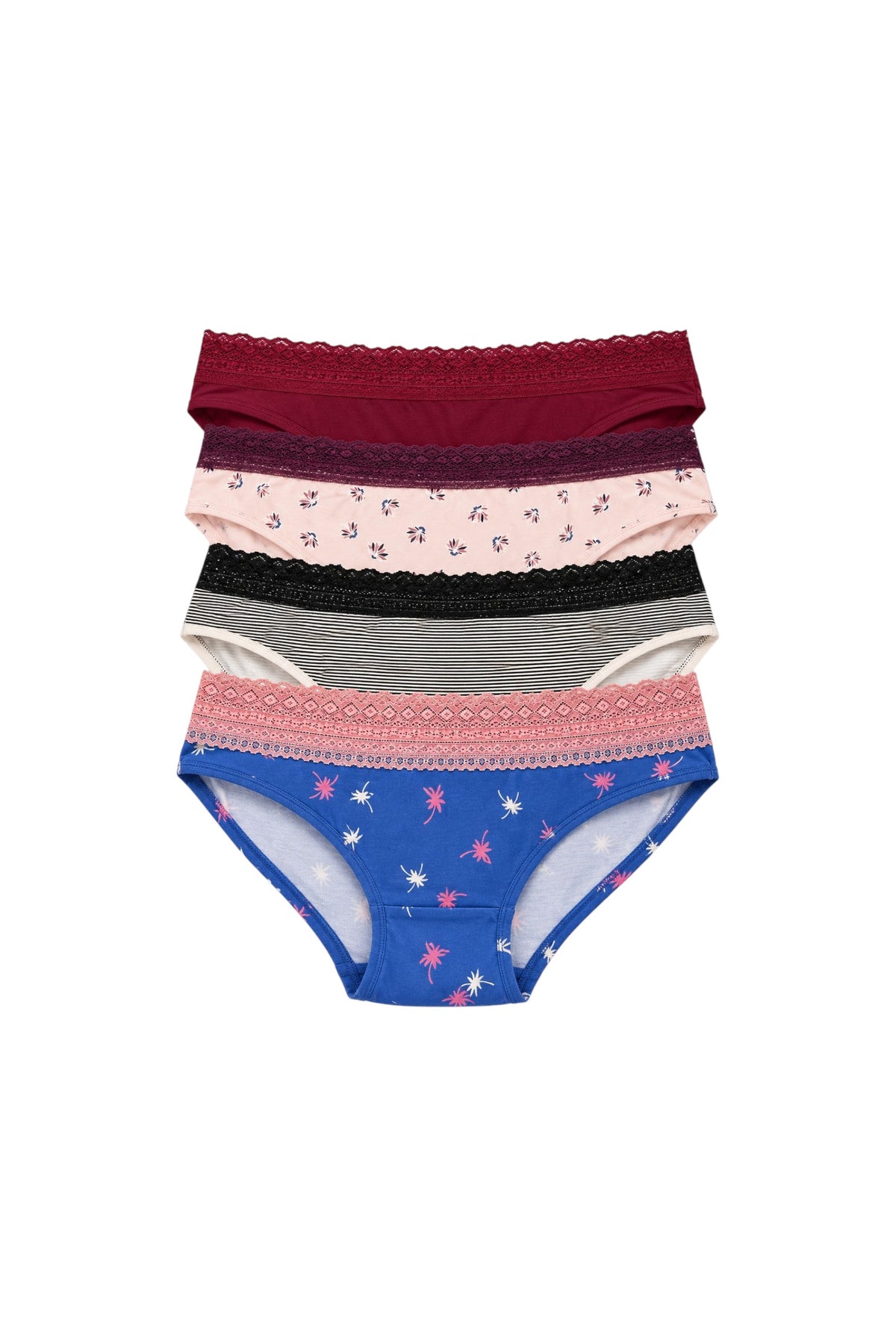 A 4 pack of Tommy Hilfiger women's briefs in navy, coral, teal, and burgundy, arranged vertically on a white background. Tommy Hilfiger, Monza Outlet, Monza Fashion, Shein Outlet