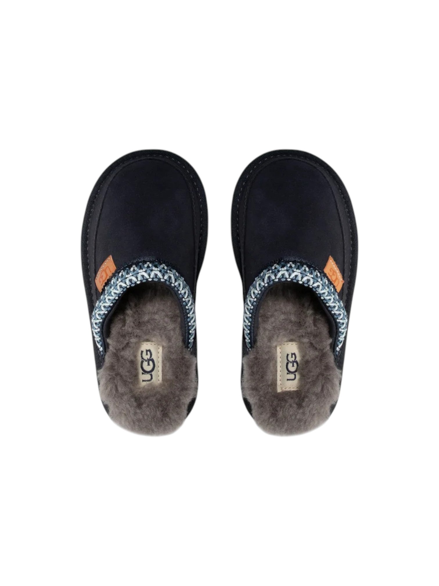 Pair of UGG slippers with blue embroidered details on a white background. UGG, Monza Outlet, Monza Fashion, Shein Outlet