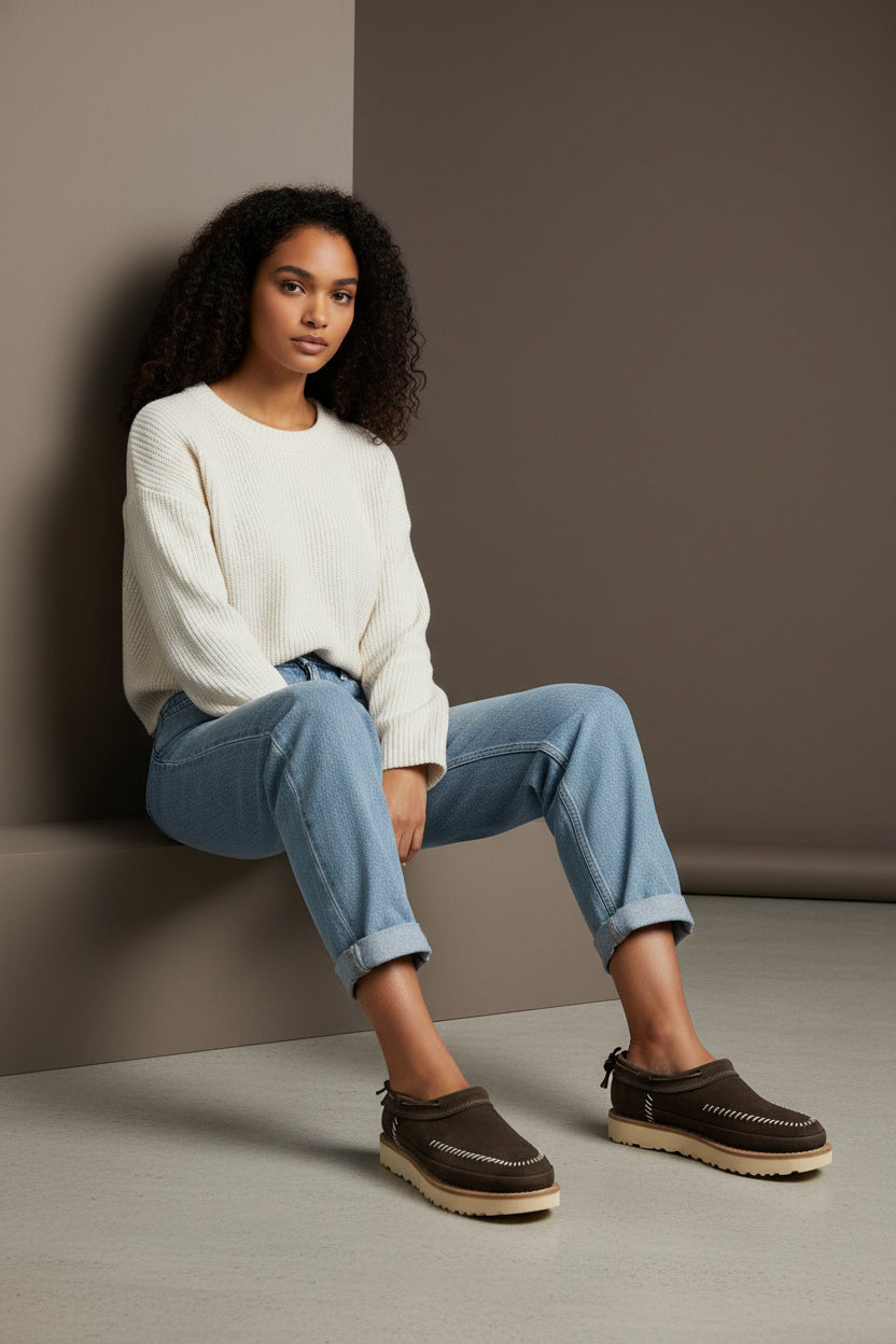 Woman wearing brown shoes sitting against a neutral wall. UGG, Monza Outlet, Monza Fashion, Shein Outlet
