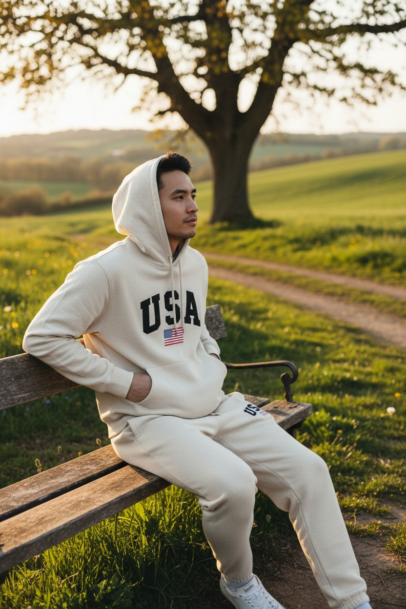 Person wearing a USA hoodie sitting on a bench in a scenic outdoor setting. Antler, Monza Outlet, Monza Fashion, Shein Outlet
