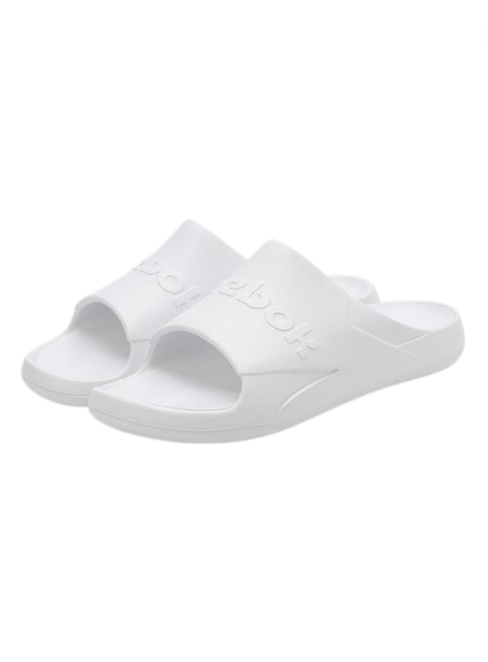 Pair of white slides on a white background monza outlet, Shein outlet, monza fashion