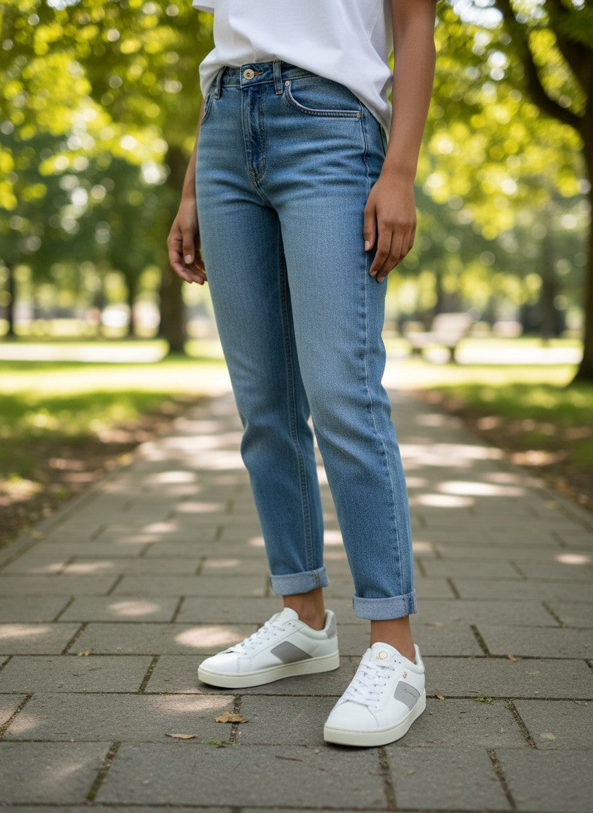 Person wearing blue jeans and white sneakers on a paved path with greenery in the background. United Colors of Benetton, Monza Outlet, Monza Fashion, Shein Outlet