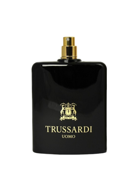 Black Trussardi perfume bottle with gold accents on a white background Monza Outlet