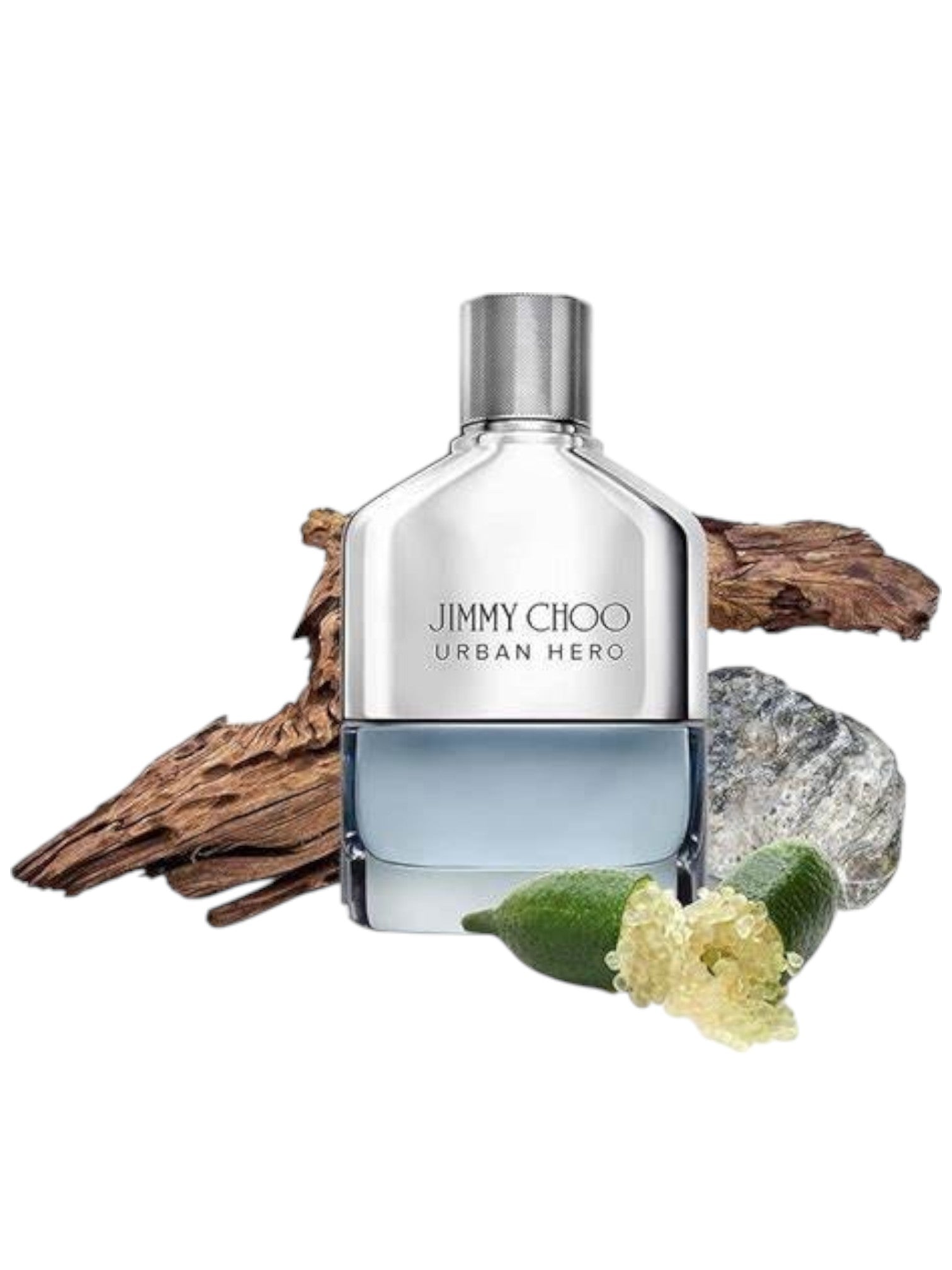 Jimmy Choo Urban Hero perfume bottle with natural elements on a white background Monza Outlet